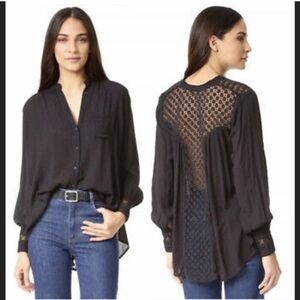 Free People Black Elegant Lace Back Button Blouse Size XS
